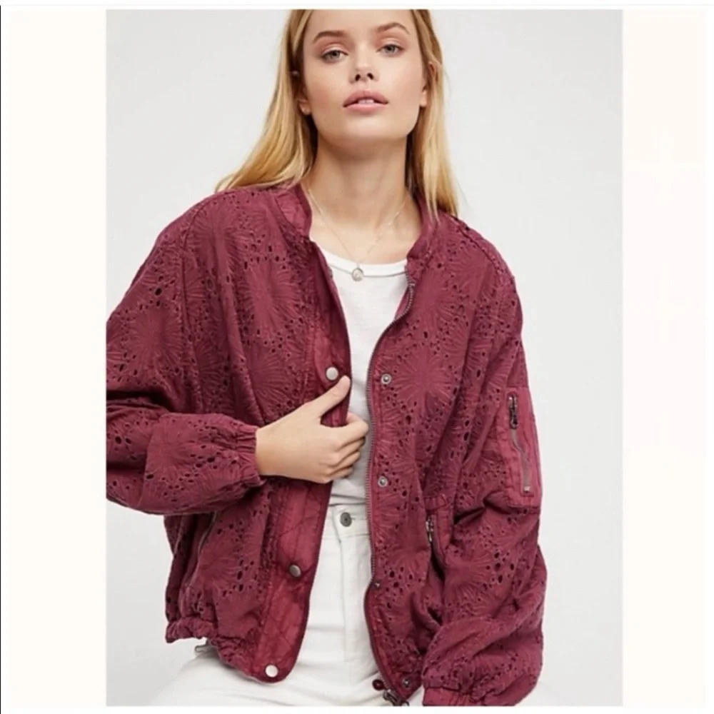 Free People Daisy Jane Eyelet Embroidered Bomber Jacket